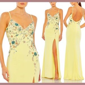 Mac Duggal Lemon Yellow Beaded Floral-Embellished Spaghetti-Strap Gown